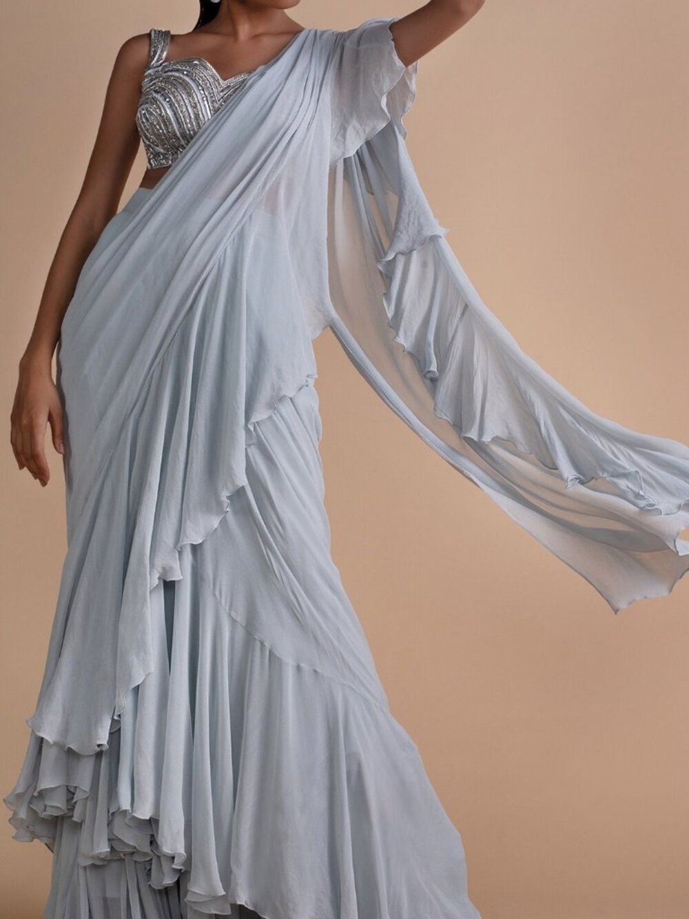 Kalki Fashion Designer Elegant Powder Blue Ruffle Pre-stitched Saree Set